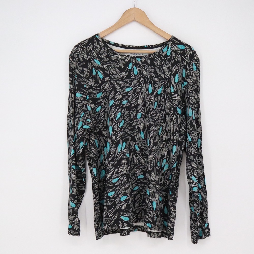 Croft & Barrow Top Womens 1X Long Sleeve Abstract Feather Black Turquoise Exc
